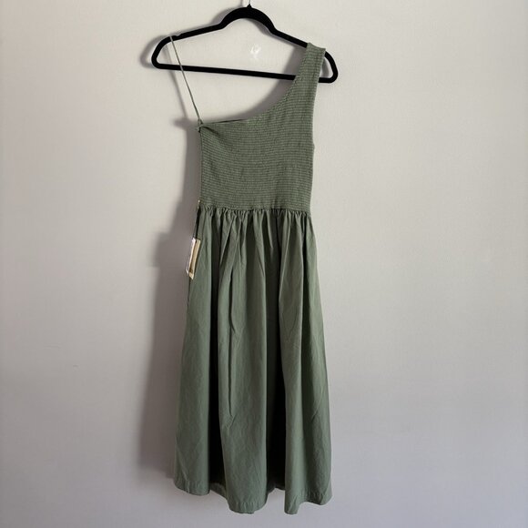 Nation LTD Women XS Green Pima Cotton Connie One Shoulder Smocked Midi Dress NWT - Picture 14 of 14